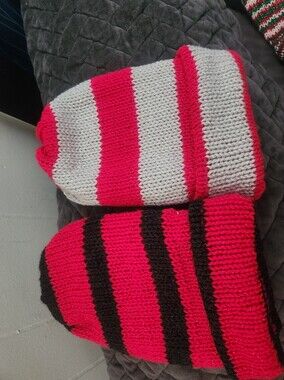 Teen- Adult Striped Hand Knitted! Hot Pink Beanie Hats- Cozy Fall Winter Knit.